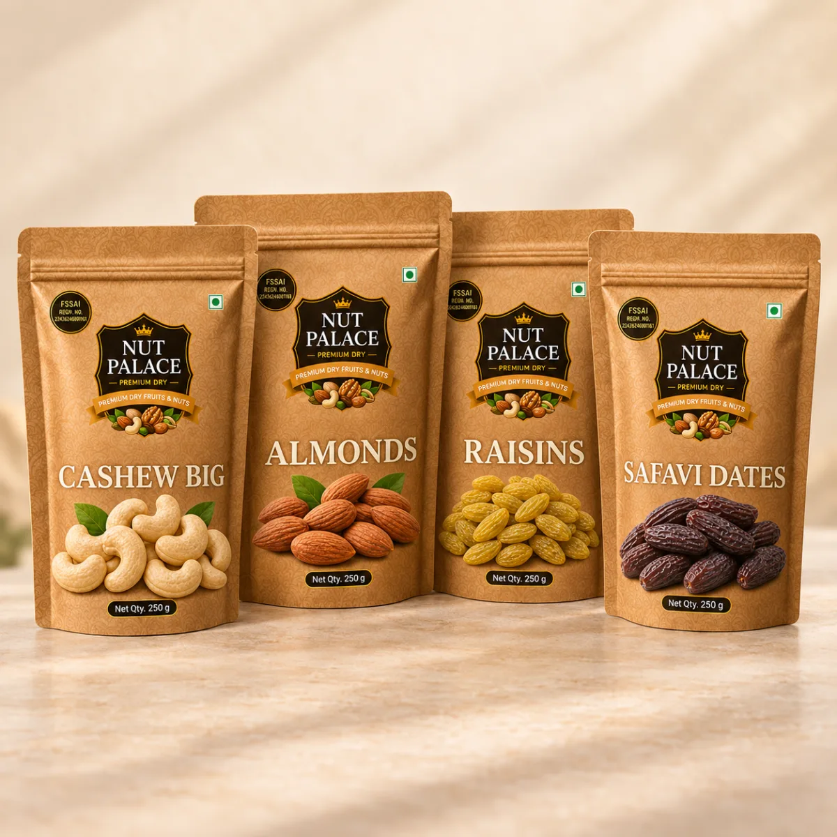 Grand Feast Combo (4-in-1) — includes Cashew Big 250 g · Almond 250 g · Raisins 250 g · Safavi Dates 250 g