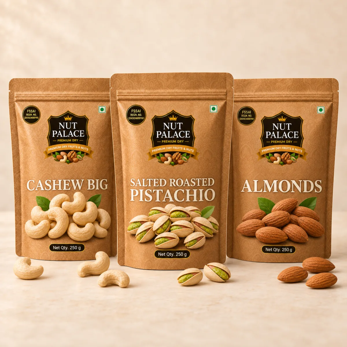Premium Nuts Trio Combo (3-in-1) — includes Cashew Big 250 g · Salted Roasted Pistachio 250 g · Almond 250 g