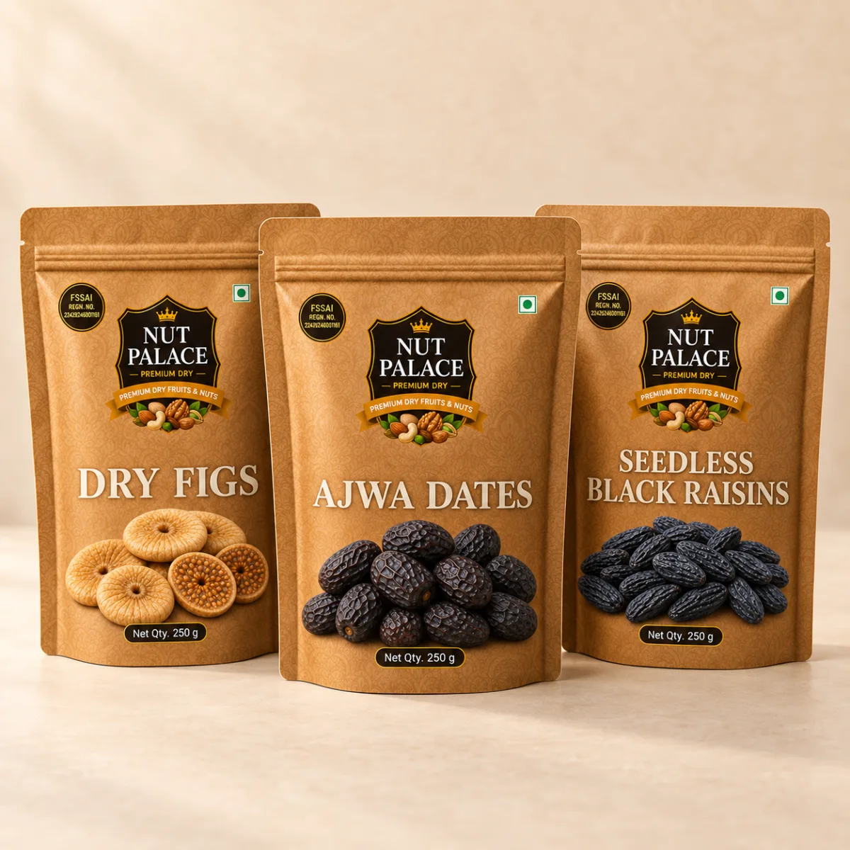 Wellness Trio Combo (3-in-1) — includes Dry Figs 250 g · Ajwa Dates 250 g · Seedless Black Raisins 250 g